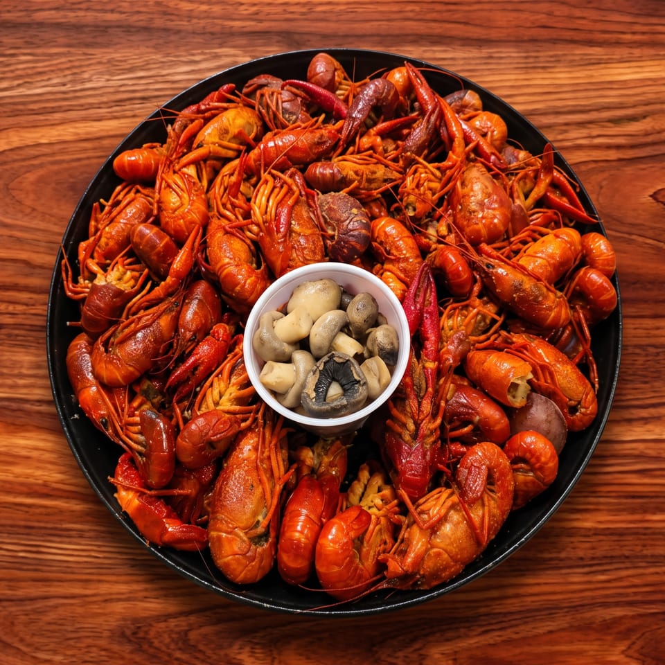 A large platter of cooked red crawfish and mushrooms on a wooden table.