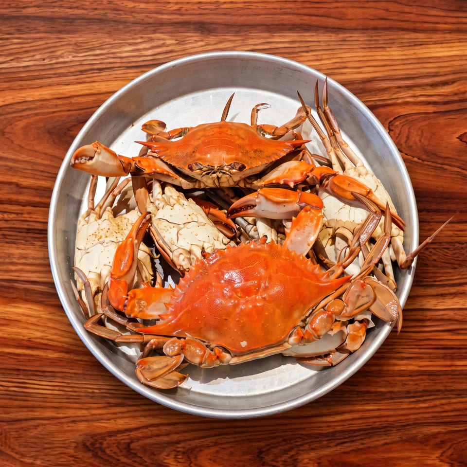 A metal tray filled with cooked orange and white crabs on a wooden table.