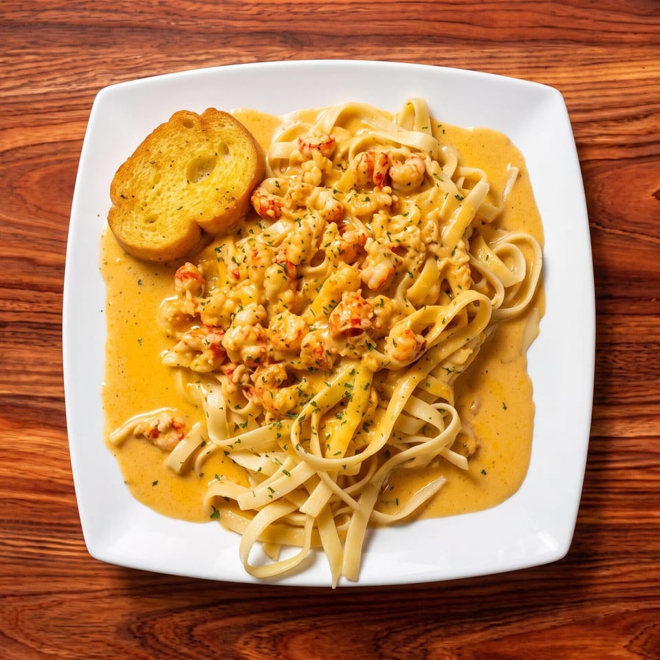 Crawfish pasta with creamy sauce and garlic bread on a white plate, on a wooden table.