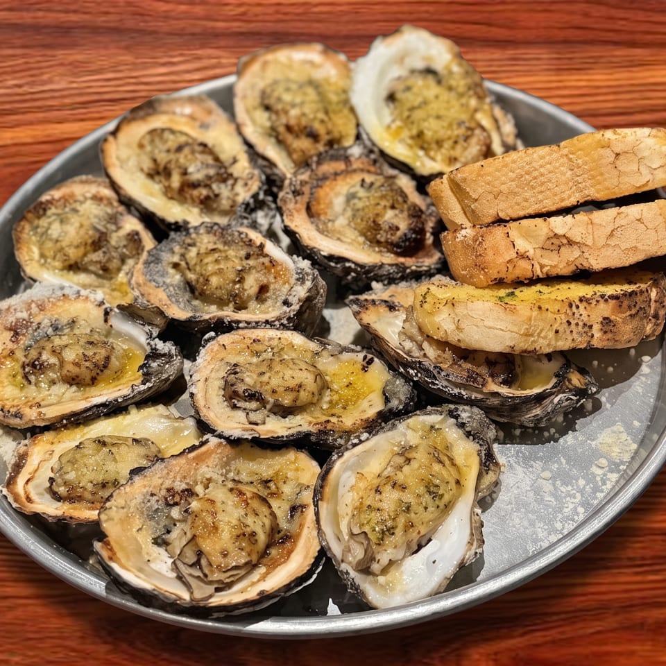 A metal platter of baked oysters topped with herbs and cheese, served with toasted bread slices.
