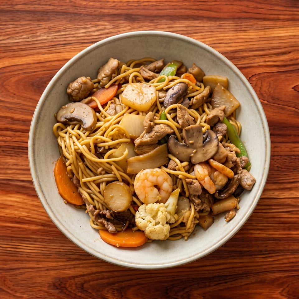 A bowl of lo mein noodles with shrimp, beef, mushrooms, carrots, and cauliflower on a wooden table.